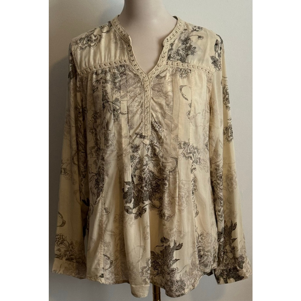 Women's Vintage America Blues Blouse L Beige Black Floral